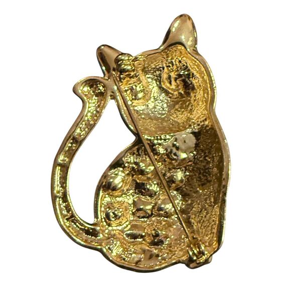 Cat Brooch With Crystal Stones 2” Gold Tone Kitty Cat - Picture 3 of 5